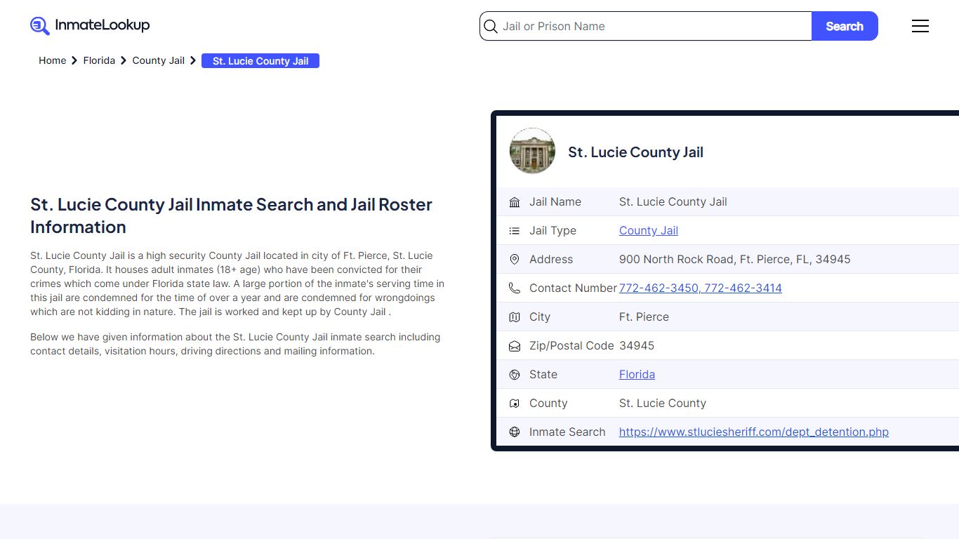 St. Lucie County Jail Inmate Search and Jail Roster Information